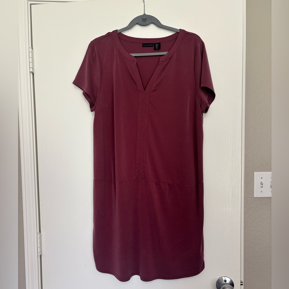 Tahari Size XL Women’s Dark Red Short Sleeve MIDI Dress Tshirt Dress Spring